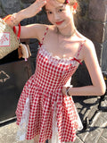 Cinessd Y2K Red Plaid Mini Dresses for Women Spaghetti Strap Lace Patchwork A-line Birthday Party Dress Korean Fashion One Piece Vestido ootd outfit idea