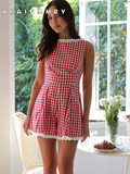 Cinessd Women O Neck Plaid Shirt Short Jumpsuit 2025 New Casual Street Sleeveless Lace Patchwork Shorts Suit Sweet Summer Chic Outfits