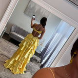 Cinessd Customized Golden Emulation Silk Strapless Prom Dresses Backless vestidos de noche Floor-Length Sleeveless Formal Evening