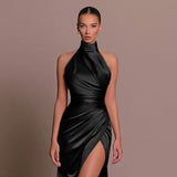 Cinessd party look inspos Ladies Satin New Evening Party Dresses Women Sleeveless Backless Halter Side Slit Sexy Elegant Maxi Dress Fashion Female Outfits