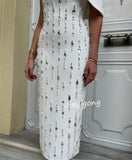 Cinessd Customized High Quality Jersey Pleat Rhinestone Pearl Straight One-shoulder Midi Dresses Cocktail Dresses Sparkle