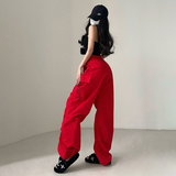 Cinessd Party Outfit American Workwear Pants Women Loose Solid Elastic High Waist Drawstring Pockets Versatile Trend Sports Casual Wide Leg Trousers