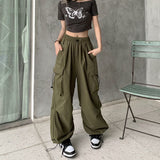 Cinessd Party Outfit Women Casual Baggy Cargo Pants Solid Low Waist Joggers Tech Pants Drawstring Wide Leg Baggy Trousers Y2K Streetwear Sweatpants