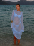 Cinessd Fashion hollow out Backless Knitted Maxi Dress For Women Long Sleeve See Through Beach Bikini Cover Female Elegant Vacation Robe