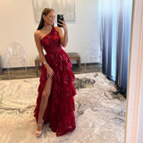 Cinessd Wine Red Prom Dresses Lace Sequins Evening Dress Sleeveless One Shoulder Customized Side Split Party vestidos de fiesta