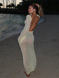 Cinessd Fashion hollow out Backless Knitted Maxi Dress For Women Long Sleeve See Through Beach Bikini Cover Female Elegant Vacation Robe