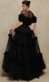 Cinessd Customized Black Multilaye Evening Dress Wave Point Prom Dress Sexy O-neck Party Dress Tulle A-line