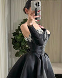 Cinessd Black Satin One Shouler vestidos de fiesta Sequins Beaded A-line Detachable Sleeves Customized Party Dresses