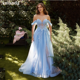 Cinessd Baby Blue Vestido De Novia Shiny 3D Flower Lace Prom Dress 2025 Side Split Customized Off Shoulder A-line Evening Dress