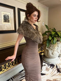 Cinessd Nye Ouyfit Women's Elegant Faux Fur Formal Occasion Dress Autumn Winter Sleeveless Bodycon Folds Split Evening Party Long Dresses Brown