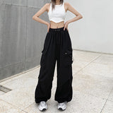 Cinessd Party Outfit Women Casual Baggy Cargo Pants Solid Low Waist Joggers Tech Pants Drawstring Wide Leg Baggy Trousers Y2K Streetwear Sweatpants