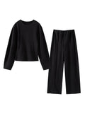 Cinessd Party Outfit Casual Solid Top Pants Women Set Fashion Long Sleeve O-neck Pleated Tops Wide Leg Trousers 2024 Autumn Vacation Lady Suit