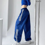 Cinessd Party Outfit Striped Sweatpants Women Hip Hop Streetwear Baggy Wide Leg Cargo Pants Bf Y2K High Waist Drawstring Joggers Trousers