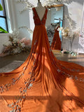 Cinessd BOHO Orange Chiffon Elegant Party Sleeveless V-neck Long Train Evening Dress Floor-Length Flowers vestidos de fiestas