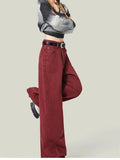 Cinessd Party Outfit Women's Street Style Wide Leg Red Jeans American Vintage Casual Denim Trousers Female High Waist Loose Straight Pants