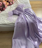 Cinessd Lavender Satin Off the Shouler vestidos de fiesta Lace Embroidery A-line ?????? ???? Elegant Floor-length Party Dresses