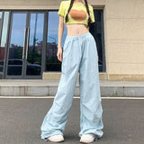 Cinessd Party Outfit Rimocy High Waist Summer Cargo Pants Women Streetwear Drawstring Thin Parachute Pants Woman Solid Color Wide Leg Y2k Trouses