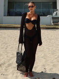 Cinessd Fashion hollow out Backless Knitted Maxi Dress For Women Long Sleeve See Through Beach Bikini Cover Female Elegant Vacation Robe