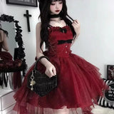 Cinessd Victorian Gothic Lolita Jsk Mini Dress Women Kawaii Ruffles Bow Suspender Princess Dresses Girl Sweet Fairy Party Trailing Dress