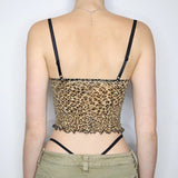 Cinessd Retro Leopard Print Camis Vintage 2000s Bow Stitched Sleeveless Lace Strap Crop Top Women Summer See Through Mesh Tee y2k ootd