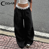 Cinessd Contrast Lace Stitching Wide Leg Pants Streetwear y2k Low Rise Loose Black Trousers for Women Korean Fashion Baggy Capris ootd