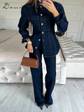 Cinessd Street Denim Shirt Jean Set Women Lapel Waist Up Long Sleeve Single Breasted Pocket Jacket Straight Trousers 2025 Lady Outfit