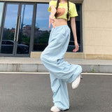 Cinessd Party Outfit Rimocy High Waist Summer Cargo Pants Women Streetwear Drawstring Thin Parachute Pants Woman Solid Color Wide Leg Y2k Trouses