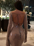 Cinessd Sequin Lace Up Backless Long Dresses Deep V Flash Sparkling Sexy Long Sleeve Temperament Leakback Champagne Women Evening Dress ootd outfit idea