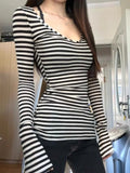 Cinessd Early autumn new slim fit spicy girl striped long sleeved t-shirt for women ootd