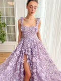 Cinessd Luxury Purple 3D Flowers Party Dresses Spaghetti Strap vestidos de fiesta Elegant Sleeveless Side Split  2025