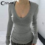 Cinessd Slim-fitting Knitted Crop Top Solid Micro-transparent T-shirt Smock Women Sexy Full Sleeve V-neck Tees Shirts Y2k Vintage ootd