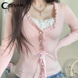 Cinessd Cute Coquette Pink Sweater Sweet Ruched Lace Patchwork Full Sleeve Skinny Knitwears Women Fairycore y2k Pullovers Vintage ootd