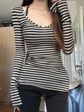 Cinessd Early autumn new slim fit spicy girl striped long sleeved t-shirt for women ootd