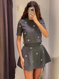 Cinessd Jeweled Knitted Sweater Top Mini Skirt Set Studded Flower Gray Crew Neck Women Short Sleeve Knitwear Half Skirts Fall Winter New ootd outfit idea