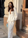 Cinessd Party Outfit Women White 2 Pieces Set Deep V-neck Single Breasted Blazer Coat High Waist Pants Female Chic 2024 Autumn Office Lady Outfits