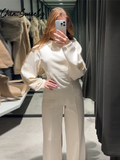 Cinessd Party Outfit Casual Solid Top Pants Women Set Fashion Long Sleeve O-neck Pleated Tops Wide Leg Trousers 2024 Autumn Vacation Lady Suit