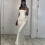 Cinessd Strapless Fishbone Gown Dress Sexy Slim Fit Long Fishtail Dresses Solid Color Pleated Waist Cinching Satin Socialite Gloss Robes ootd outfit idea