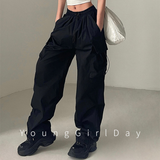 Cinessd Party Outfit American Workwear Pants Women Loose Solid Elastic High Waist Drawstring Pockets Versatile Trend Sports Casual Wide Leg Trousers