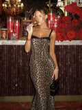 Cinessd Lace Leopard Print Slip Dress Patchwork Contrast Colors Slim Fit Fishbone Halter Fishtail Long Dresses Women Suspender Robes ootd outfit idea