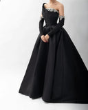 Cinessd Black Satin One Shouler vestidos de fiesta Sequins Beaded A-line Detachable Sleeves Customized Party Dresses