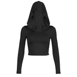 Cinessd Solid Folds Hooded Crop Top Women Grunge y2k Full Sleeve Skinny T Shirts Harajuku Street Style Autumn Tees Casual Vintage ootd