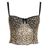 Cinessd Retro Leopard Print Camis Vintage 2000s Bow Stitched Sleeveless Lace Strap Crop Top Women Summer See Through Mesh Tee y2k ootd