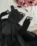 Cinessd Black Satin One Shouler vestidos de fiesta Sequins Beaded A-line Detachable Sleeves Customized Party Dresses