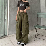 Cinessd Party Outfit Women Casual Baggy Cargo Pants Solid Low Waist Joggers Tech Pants Drawstring Wide Leg Baggy Trousers Y2K Streetwear Sweatpants