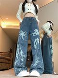 Cinessd Party Outfit Women's Graffiti Ink Splashing Design Blue Jeans High Waist Streetwear Cool Girl Vintage Trouser Female Casual Denim Pants