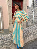 Cinessd Fashion Striped Print Backless Long Dress For Women Elegant O Neck Lantern Sleeve Midi Dresses 2024 Summer High Waist Beach Robe