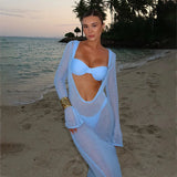 Cinessd Fashion hollow out Backless Knitted Maxi Dress For Women Long Sleeve See Through Beach Bikini Cover Female Elegant Vacation Robe