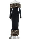 Cinessd Nye Ouyfit Elegant Leopard Print Faux Fur Patchwork Wrap Dress Women's Autumn Winter Slash Neck Bodycon Black Party Dresses Evening Gowns