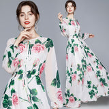 Cinessd - Maxi Dresses Women's Long Sleeve Print Elastic Waist Holiday Elegant Long Dress