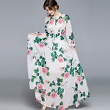 Cinessd - Maxi Dresses Women's Long Sleeve Print Elastic Waist Holiday Elegant Long Dress